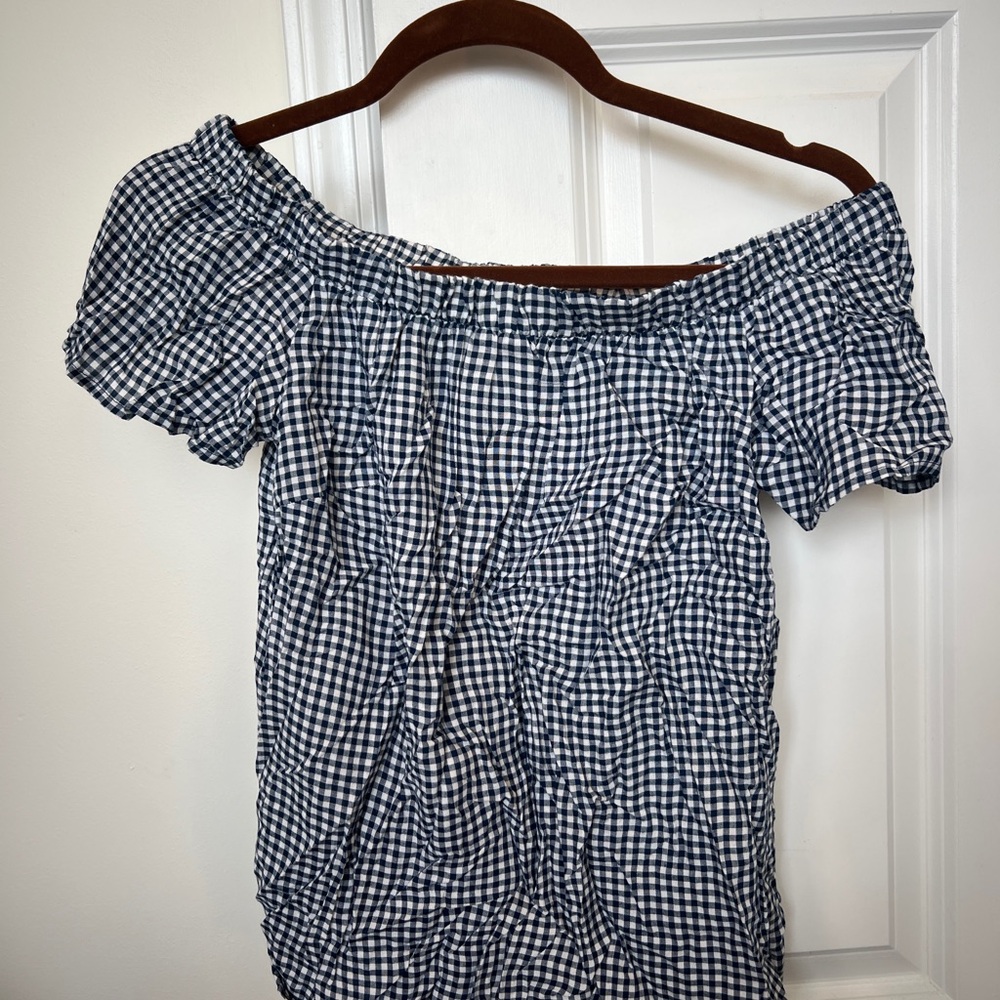 Mossimo Supply Co. Navy and White Gingham Off-Shoulder Blouse